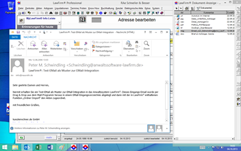 Windows 8.1 Anwaltssoftware Labortests - LawFirm Professional - Dokumentenviewer (rechts) mit einem geffneten E-Mail, hier in Outlook 2010 (aus dem Integrationstest mit den Windows 8 Anzeigefunktionen fr verschiedene Dateitypen)