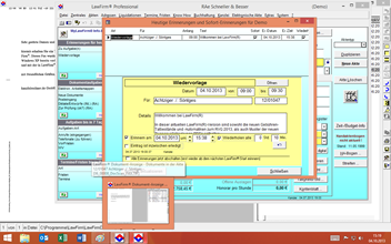 Windows 8.1 Anwaltssoftware Labortests - LawFirm Professional - Technik-Test mit der Erinnerungsfunktion in der Aufgabenverwaltung, im Hintergrund der Dokumentenviewer mit einer Fax-Vorschau-Anzeige